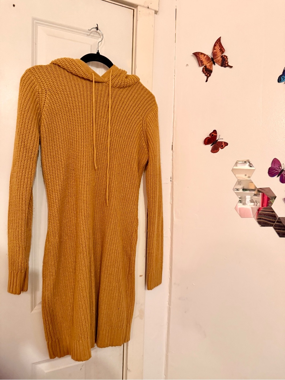 Say What? Mustard Long Sleeve Knit Hoodie Sweater Dress